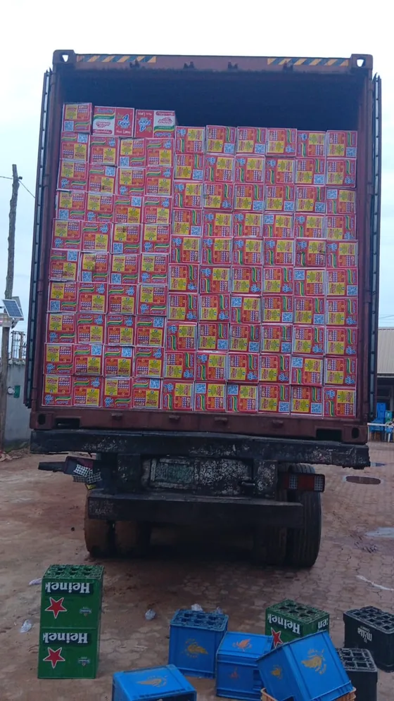 A 20ft container packed wall to wall and floor to ceiling with cartons of Indomie instant noodles, consolidated sea cargo leaving Lagos for the UK.